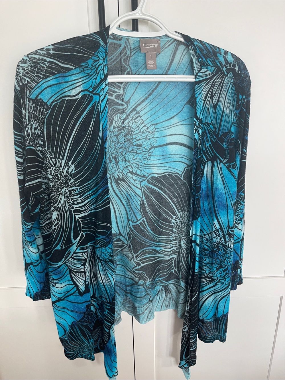 Chico's Teal & Black Floral Open-Front Cardigan